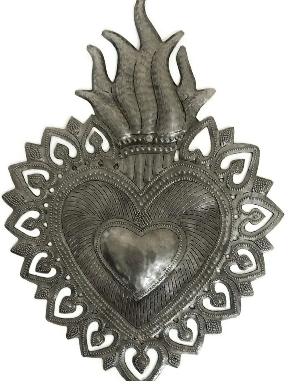Flaming Heart Sacred Heart Wall Art | Spiritual Folk Art Decor | Haitian Metal